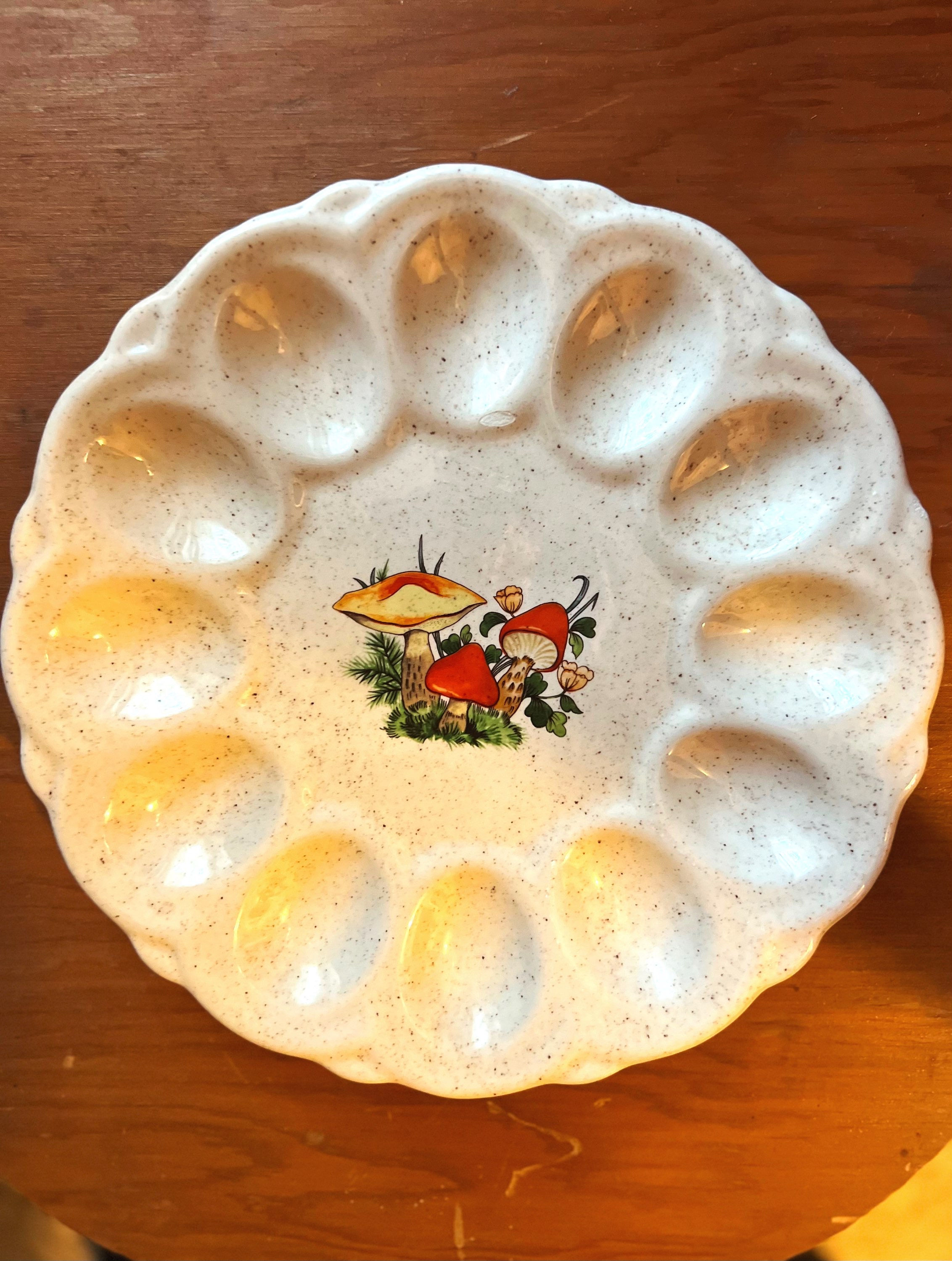 Handmade Ceramic Deviled Egg Plate | Mushroom Decal