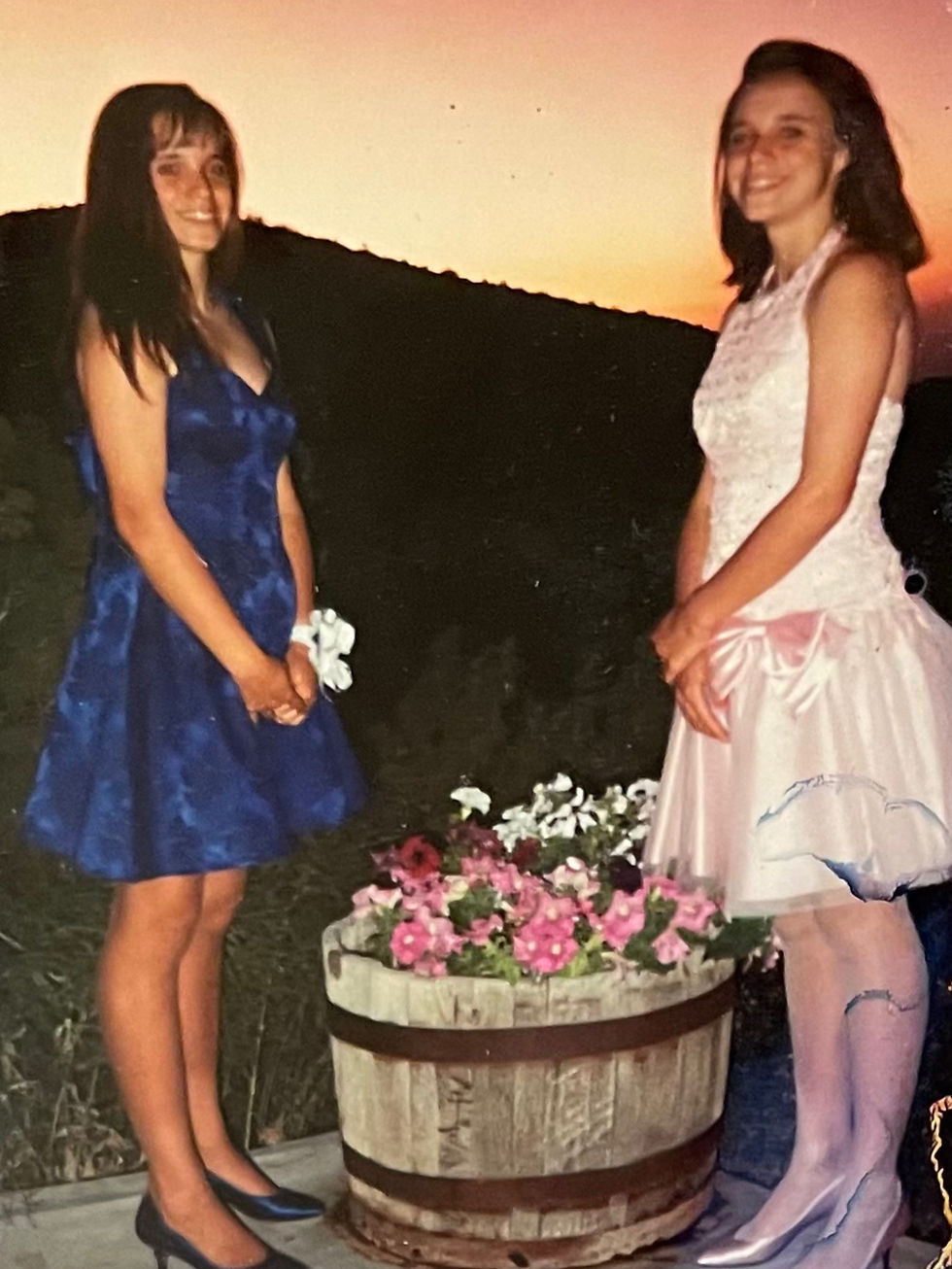 This is my twin sister and I right before I made that choice. (I am in the pink dress and Cyndi is in the blue dress)