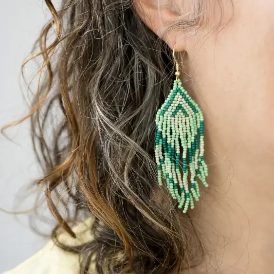 Green Fringe Beaded Earrings