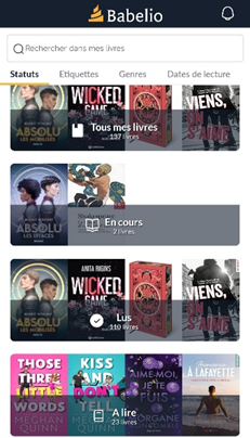 Vous avez ici par exemple, ma bibliothèque : ma Pile à Lire, mes lectures en cours, mes livres lus.