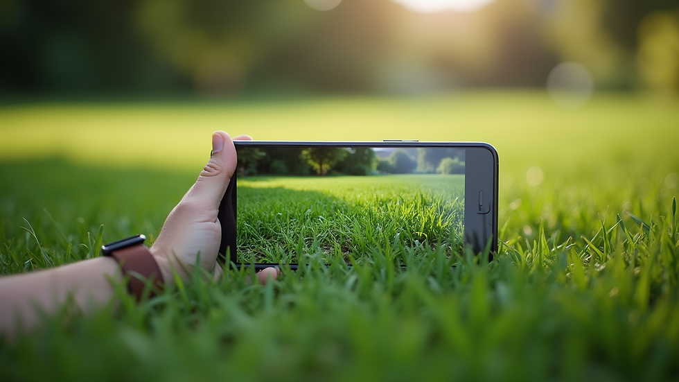 Eye-level view of smartphone showing lawn care app