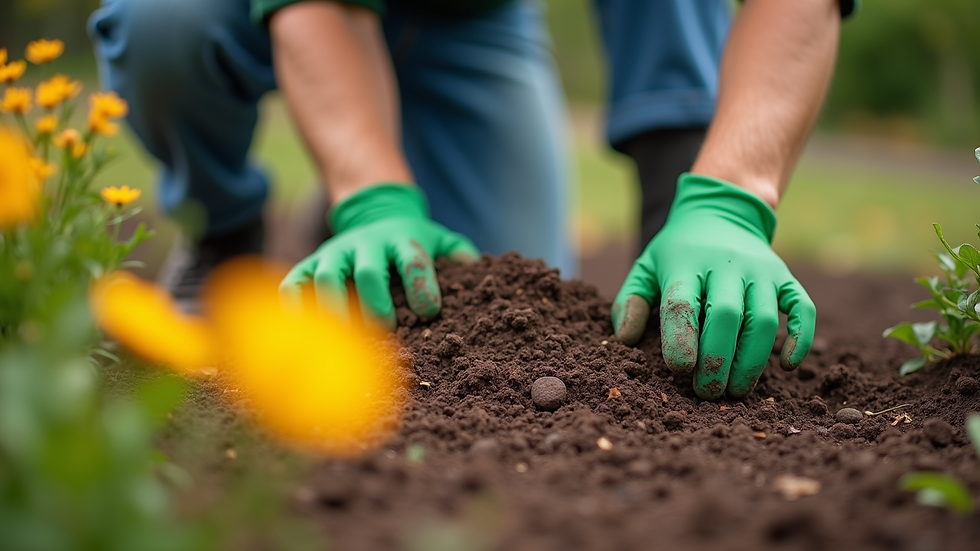 Close-up view of a gardener spreading mulch around flower beds