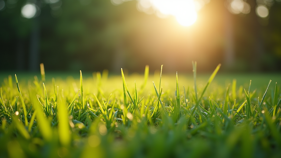 Eye-level view of a green lawn with morning dew and sunlight