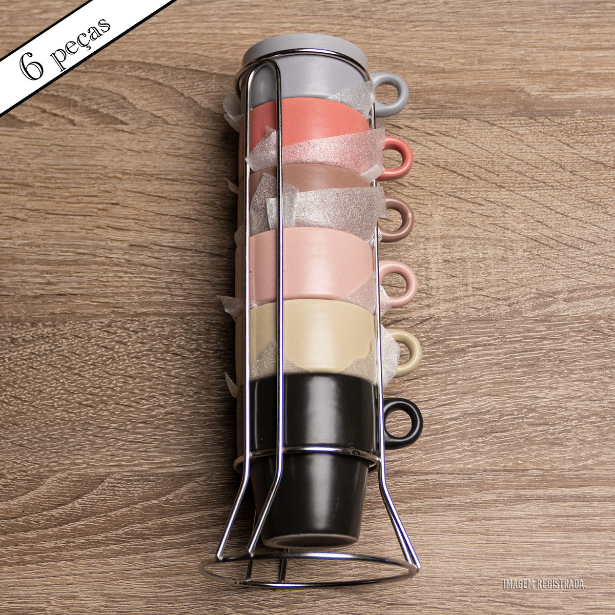 Conjunto 6 Xícaras de Café Empilháveis de Cerâmica com Suporte Coloridas 90ml