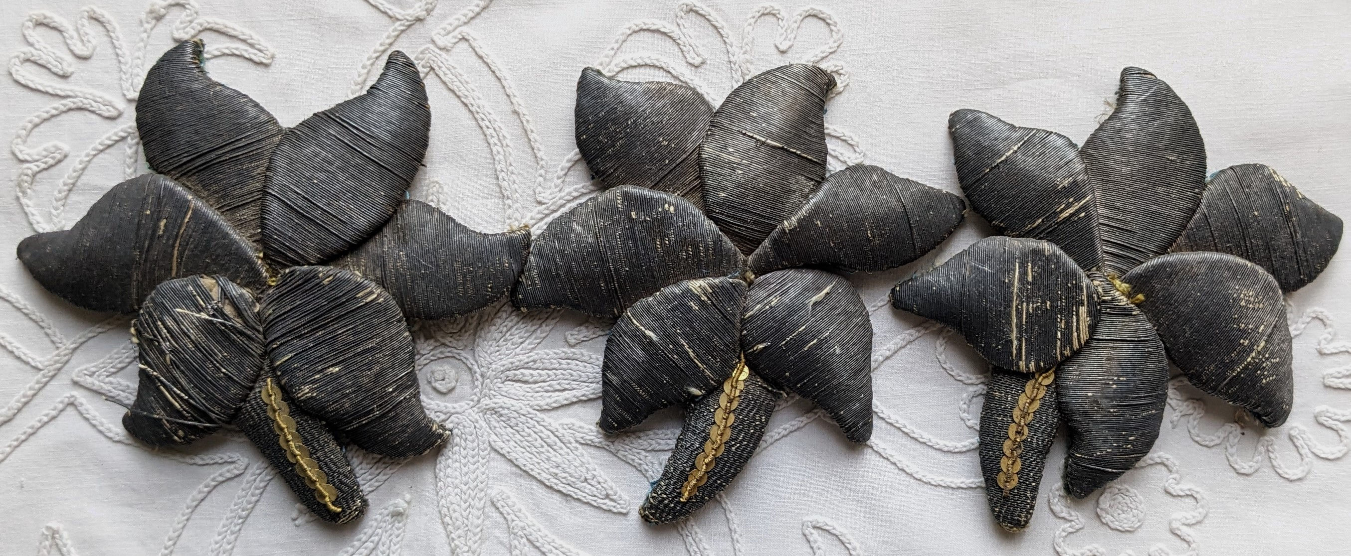 A Lot of 3 Antique Gold Metallic Hand Embroidered Flower Appliques