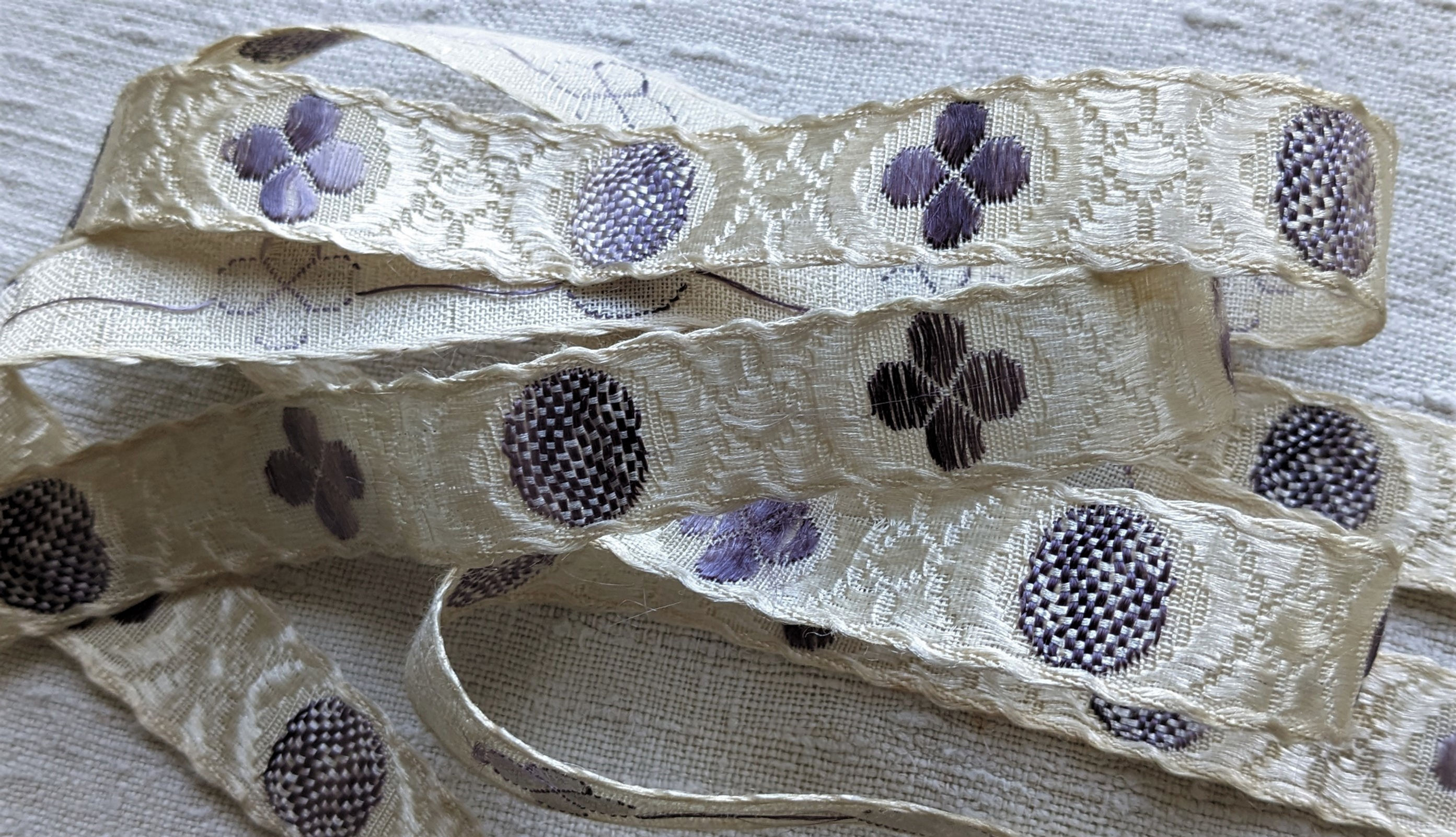 Antique Silk Ribbon Trim Lavender & Cremey White
