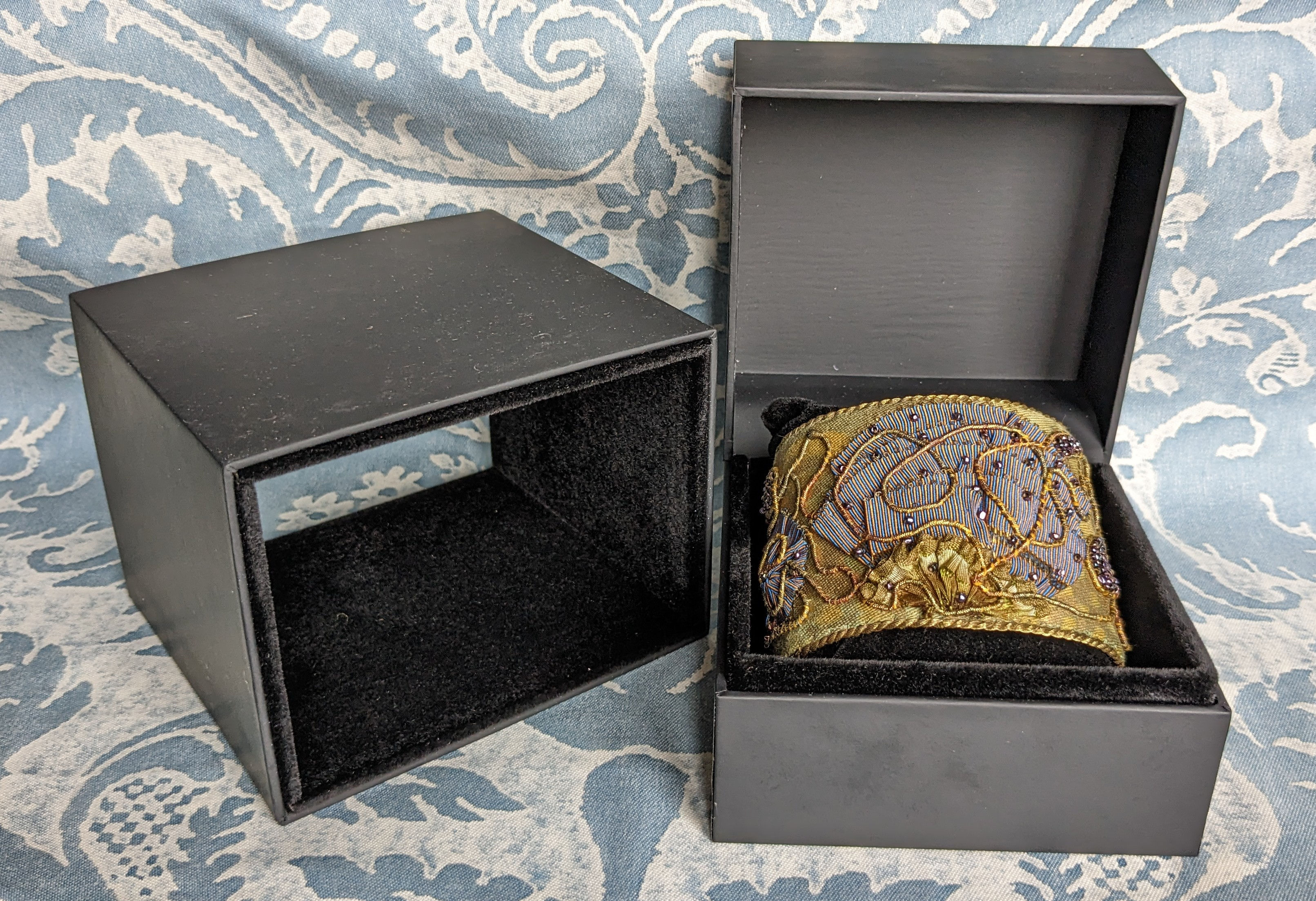 Fortuny "Orsini" Bayou Green and Gold Cuff w/ Antique Silk Ribbon Work