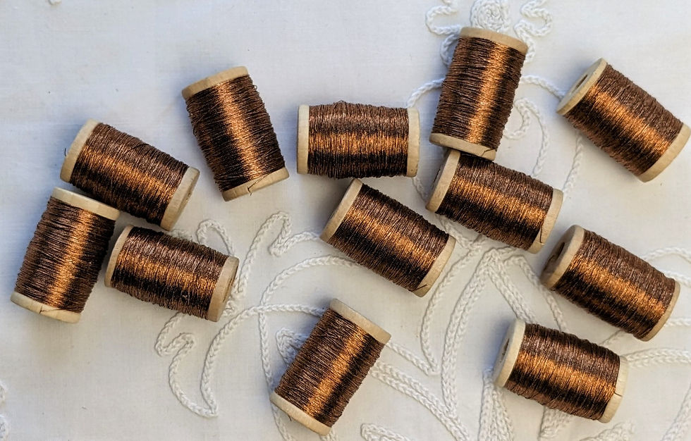 Small Wooden Spool of Vintage Copper Metallic Thread Flat French