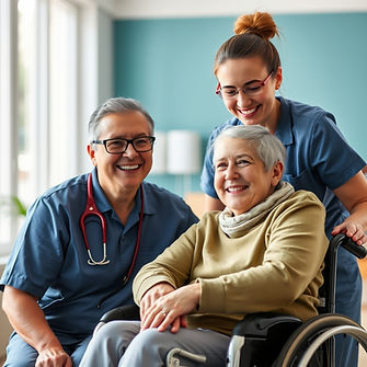 Disability care__“Depict a professional caregiver assisting a smiling adult or child with 