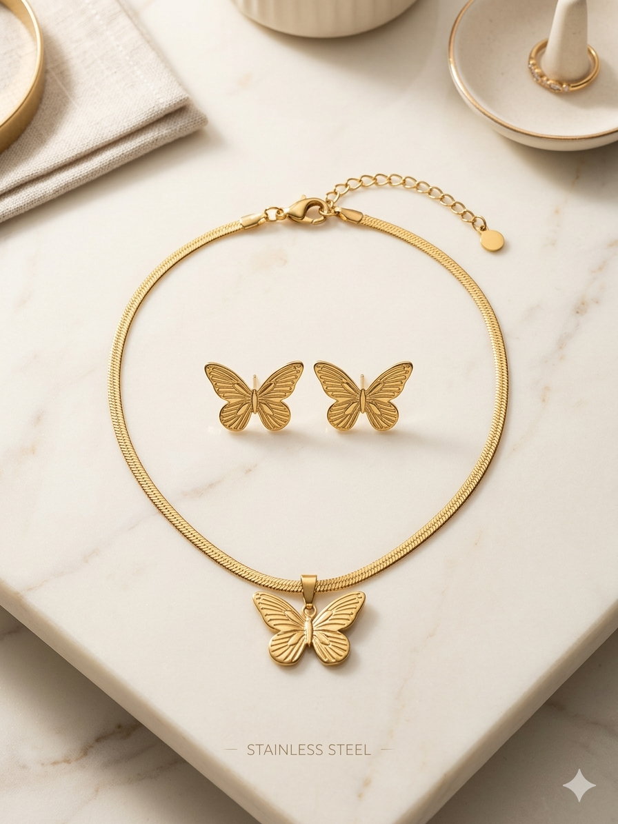 Thumbnail: Butterfly Anti-Tarnish Necklace & Earrings Set