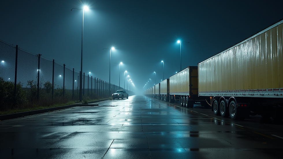 Eye-level view of a secure truck parking lot with fencing and lighting