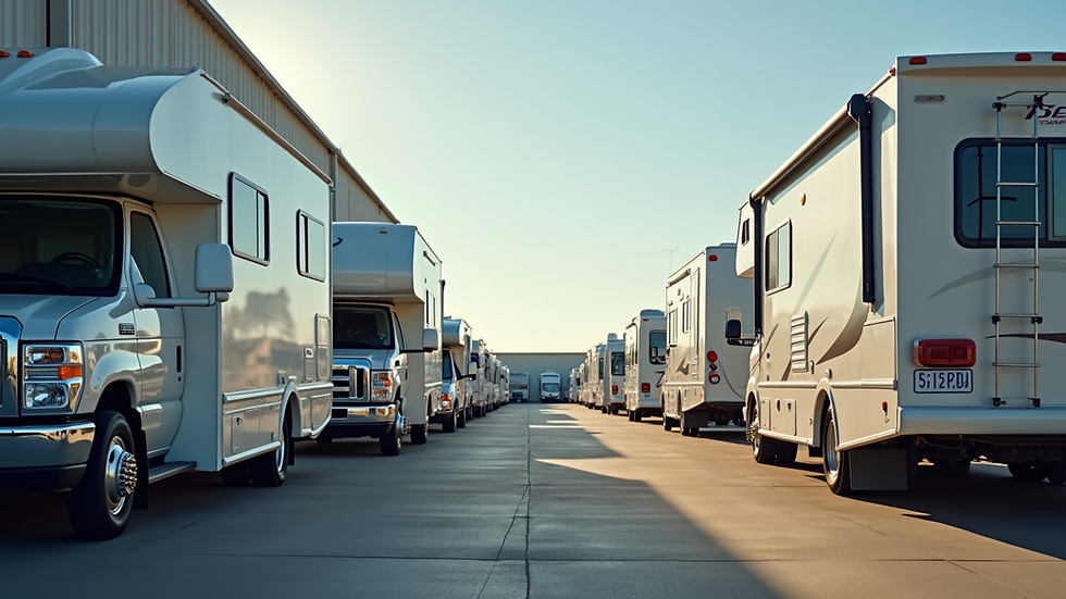 Eye-level view of a secure outdoor RV storage lot with multiple parked RVs