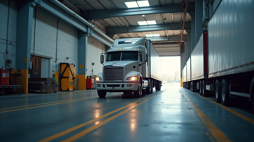 Eye-level view of a large freight truck parked at a loading dock