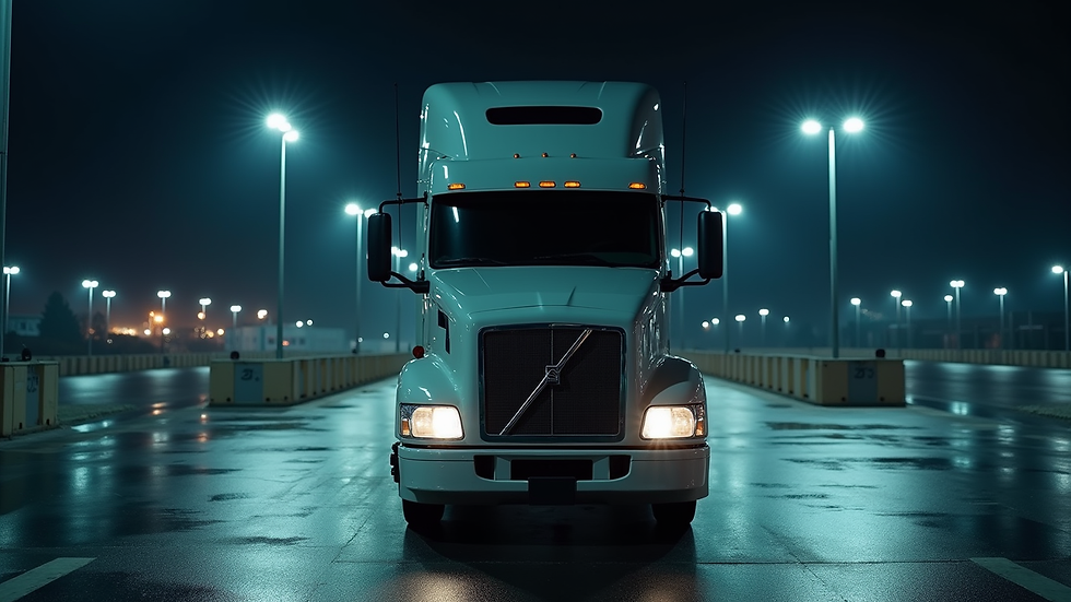 Close-up view of a truck parked in a well-lit secure parking lot at night