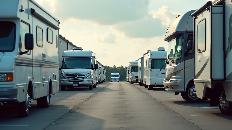 Eye-level view of a secure outdoor RV storage lot with multiple parked RVs