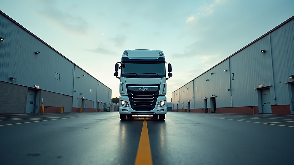 Eye-level view of a large truck parked in a secure industrial lot
