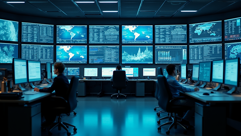 High angle view of a logistics control room with multiple screens showing real-time data