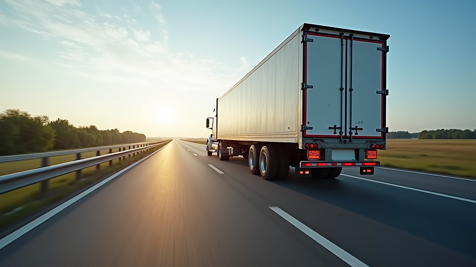 Eye-level view of a large freight truck on a highway
