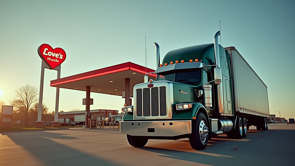 Close-up view of a truck parked at a Love's truck stop with visible signage
