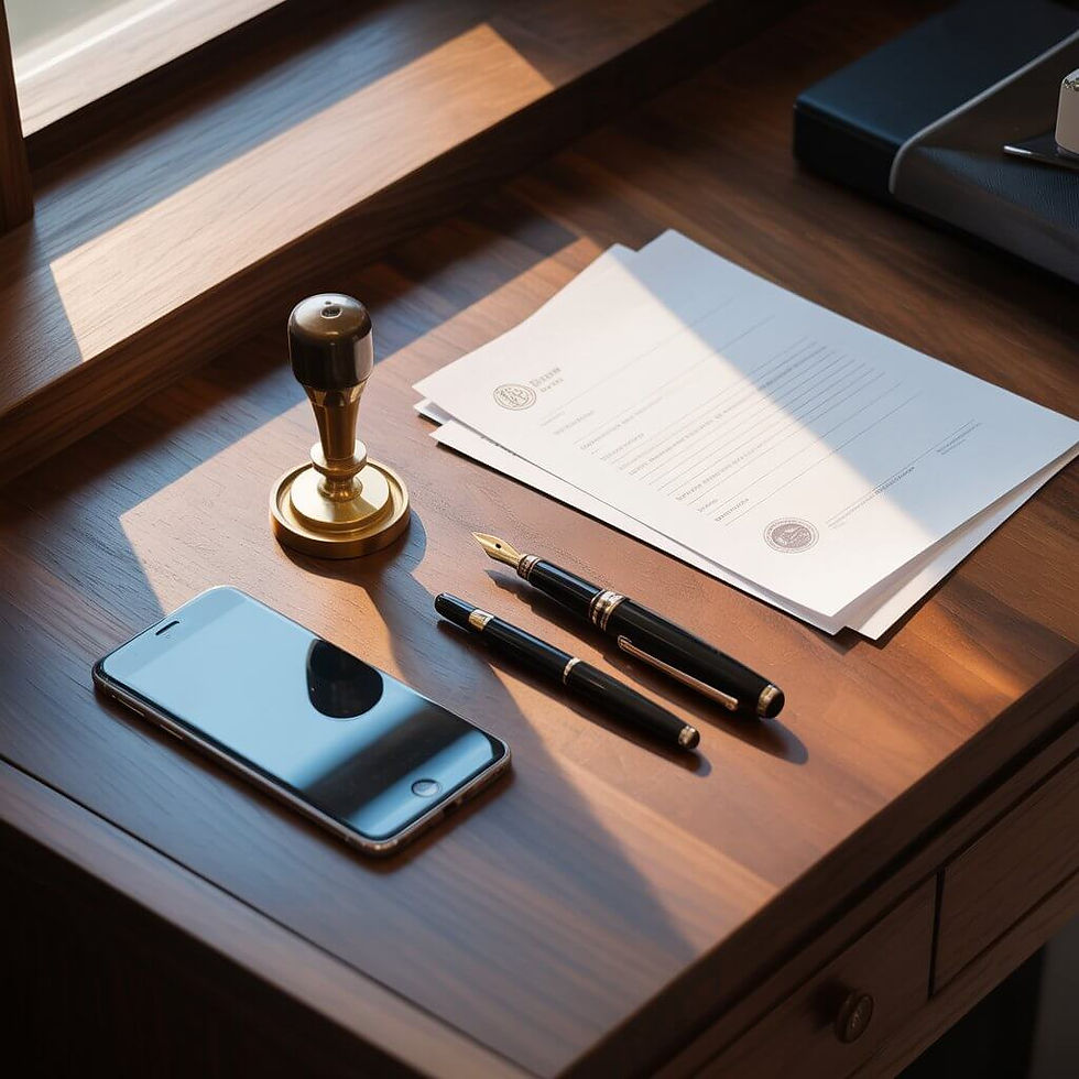 Flat lay of a dark wood desk with a notary seal embosser, business document, fountain pen, and glowing smartphone — mobile notary Long Beach