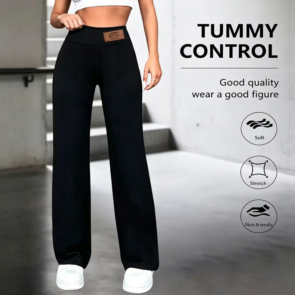 Damen-Hose mit hoher Taille und geradem Bein, dehnbar, schwarz, einfarbig, elega