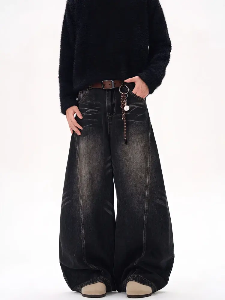 Vintage Schwarze Gewaschene Baggy Jeans Herren Weites Bein Curved Blade Hose Str