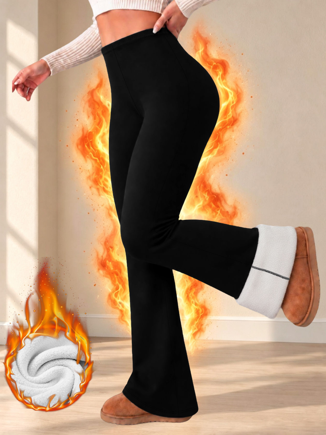 Fleece-gefütterte Leggings mit ausgestelltem Bein für Damen, dicke, weiche, w�