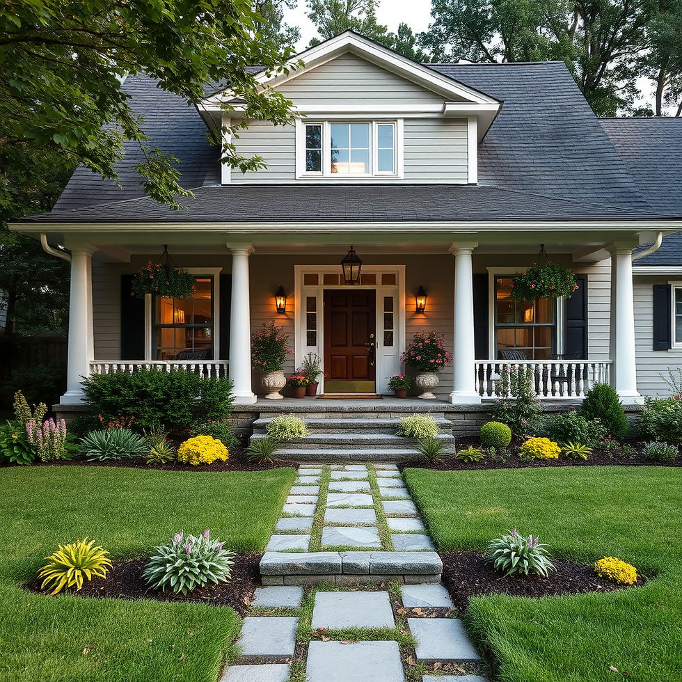 Eye-level view of a charming front yard with colorful flowers and a neat walkway
