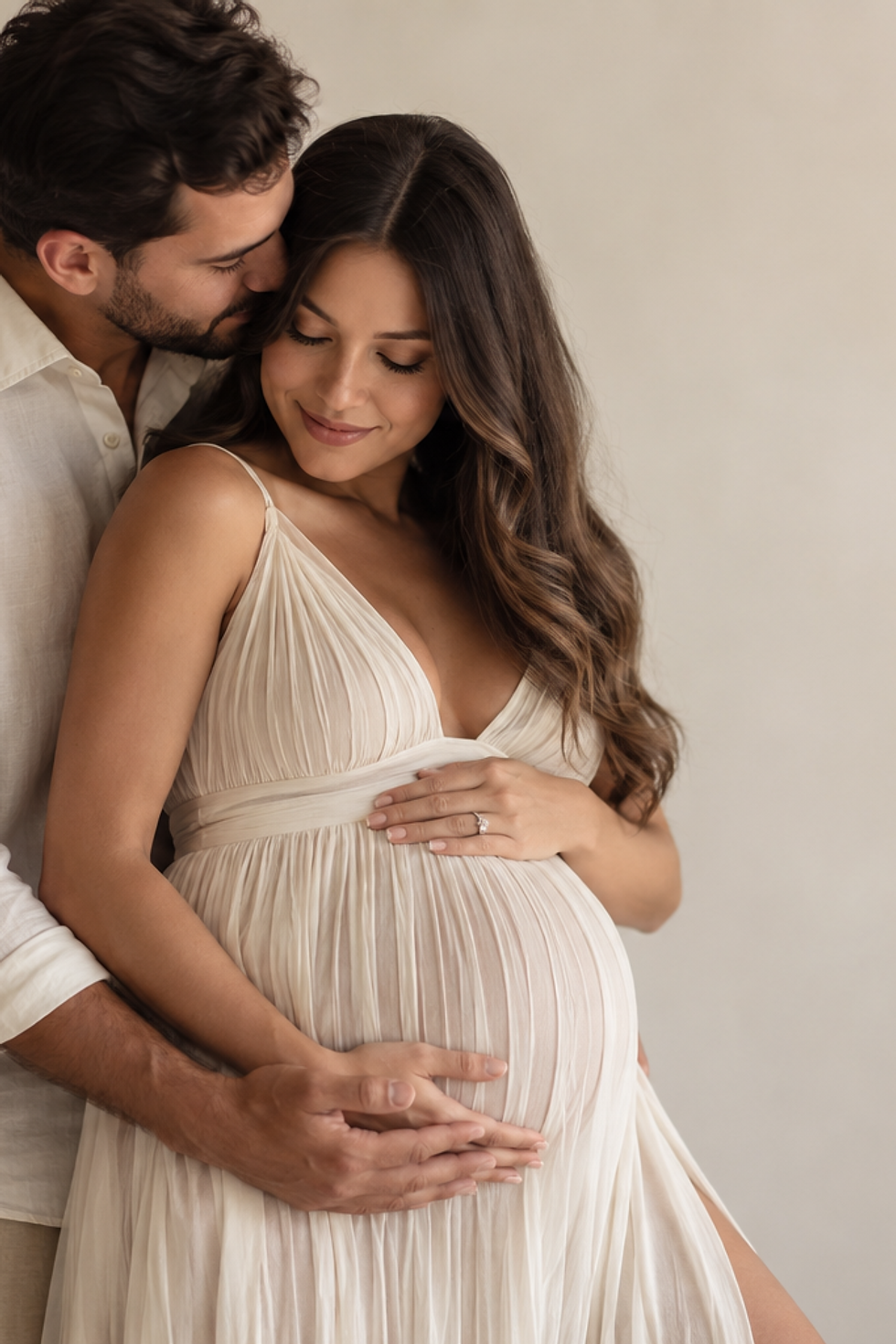 Pregnant woman and partner embracing during a studio maternity portrait