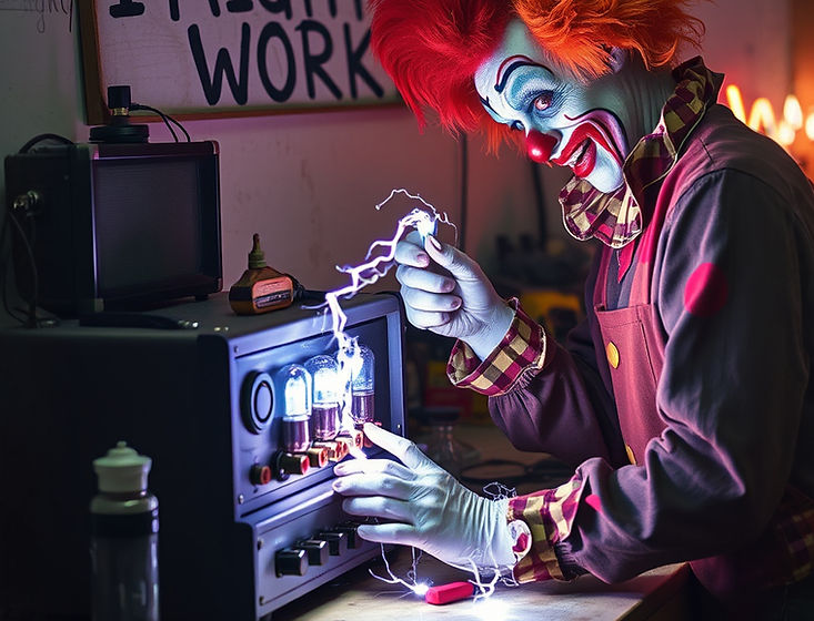 crazy clown working at bench repairing amplifier with lighting, fire, glowing tubes.jpg