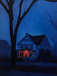 blue, house, blue house, red light, comfort, nostalgia, spooky, eerie, warm