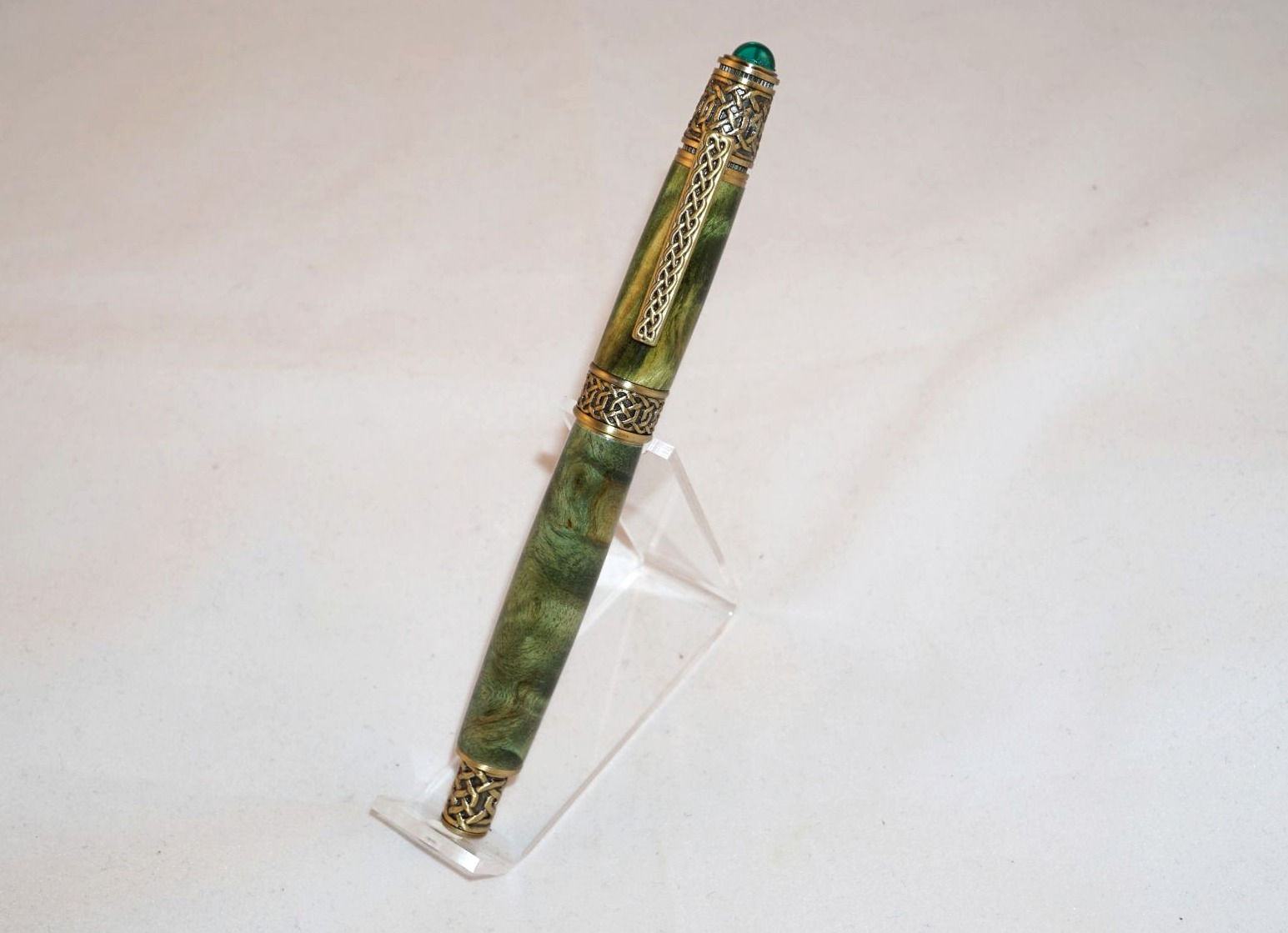 Celtic RB, Green Hackberry Burl, Antique Brass Hardware