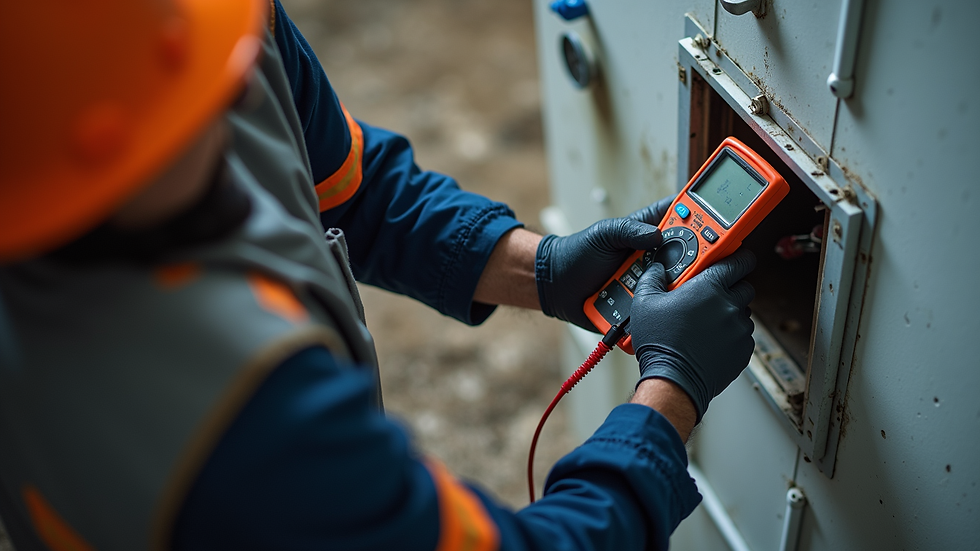 High angle view of technician testing earthing system with resistance meter