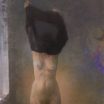 It is said I'm a realist, but I feel like my goal is to create a poetic image. I do studies to capture a solid representation, but it's the combination of elements, a middle aged nude woman, made anonymous by the slip of her nightgown, contrasted with a soft rendering of the space and a crisp presentation of a pile of work clothes.