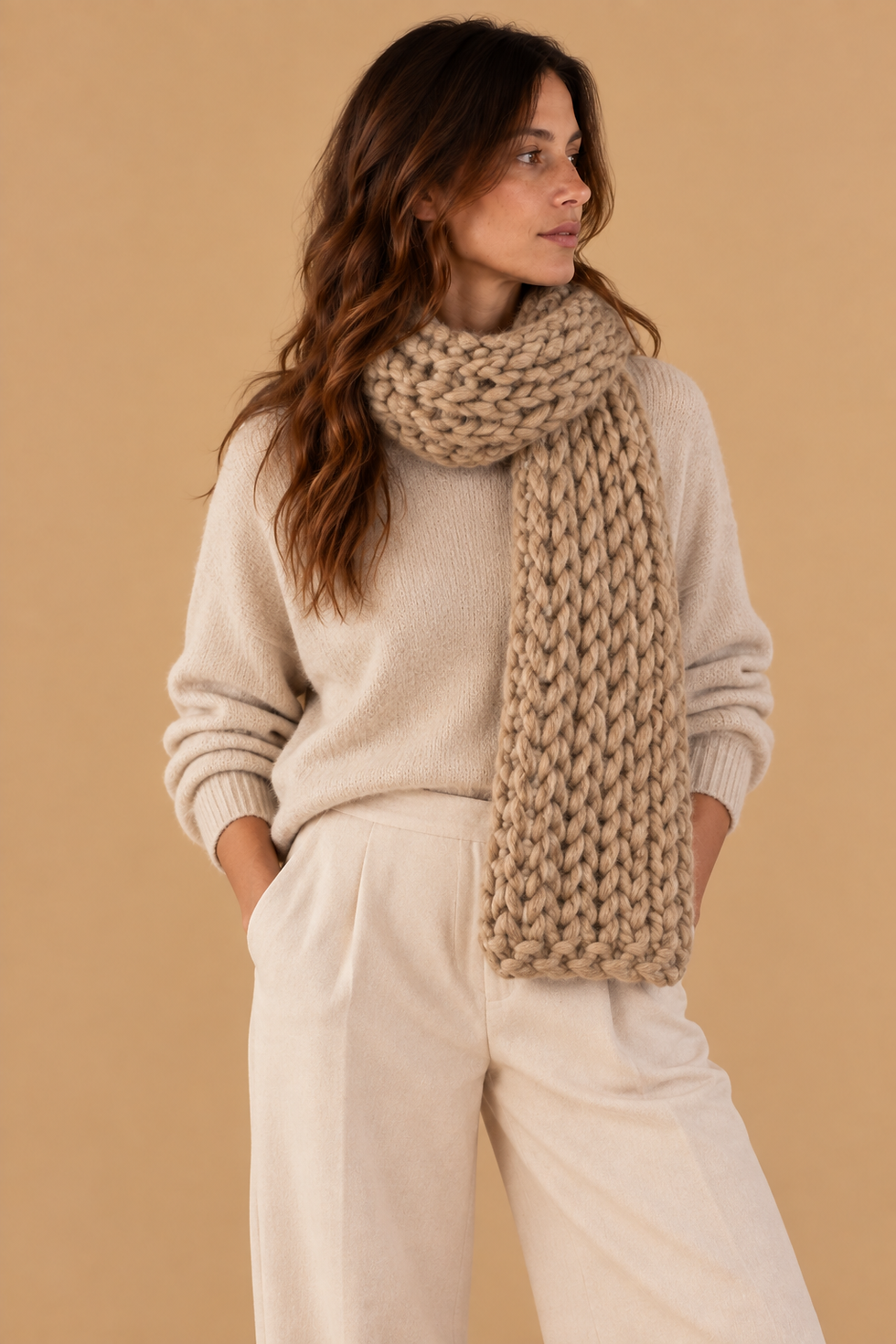 Woman wearing a chunky knit Puna Merino Wool Scarf.
