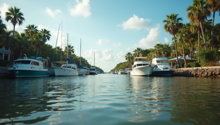 Eye-level view of the Caloosahatchee River with boats docked along the shoreline in Lee County