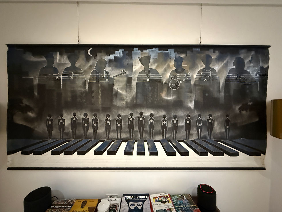 Eye-level view of a contemporary African painting displayed in a gallery