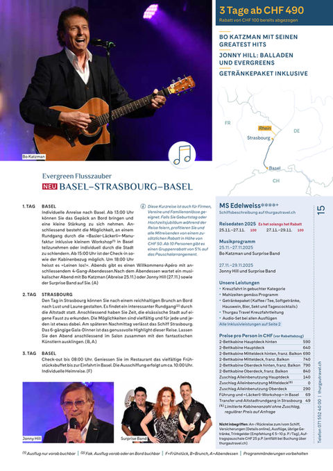 Flussfahrt Thurgau Travel mit Bo Katzman, Johnny Hill, Surprise Band