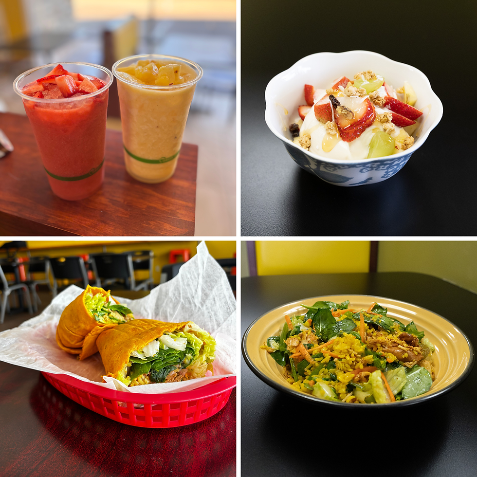 Healthy food spread with smoothies, fruit bowl, burrito, and salad at Mango Healthy Fruit in Battle Creek MI