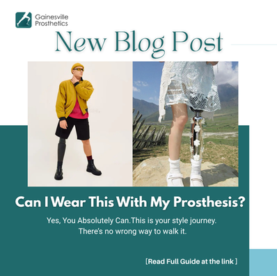 Two individuals confidently showcase stylish outfits with prosthetic legs—one outdoors in a dress, the other in studio streetwear.