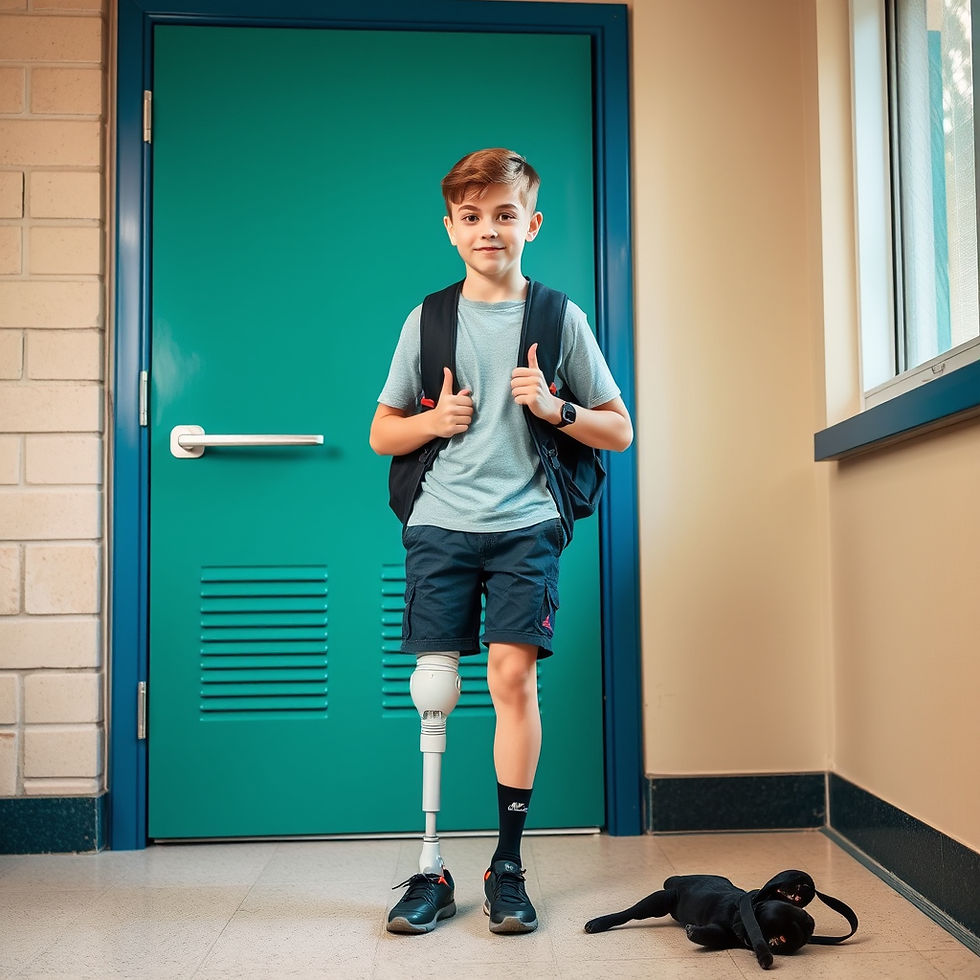 A young boy with a prosthetic leg stands confidently in front of a school entrance wearing a backpack and ready for the school day.