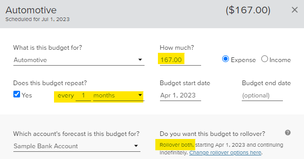 Budget form for a monthly budget with rollovers
