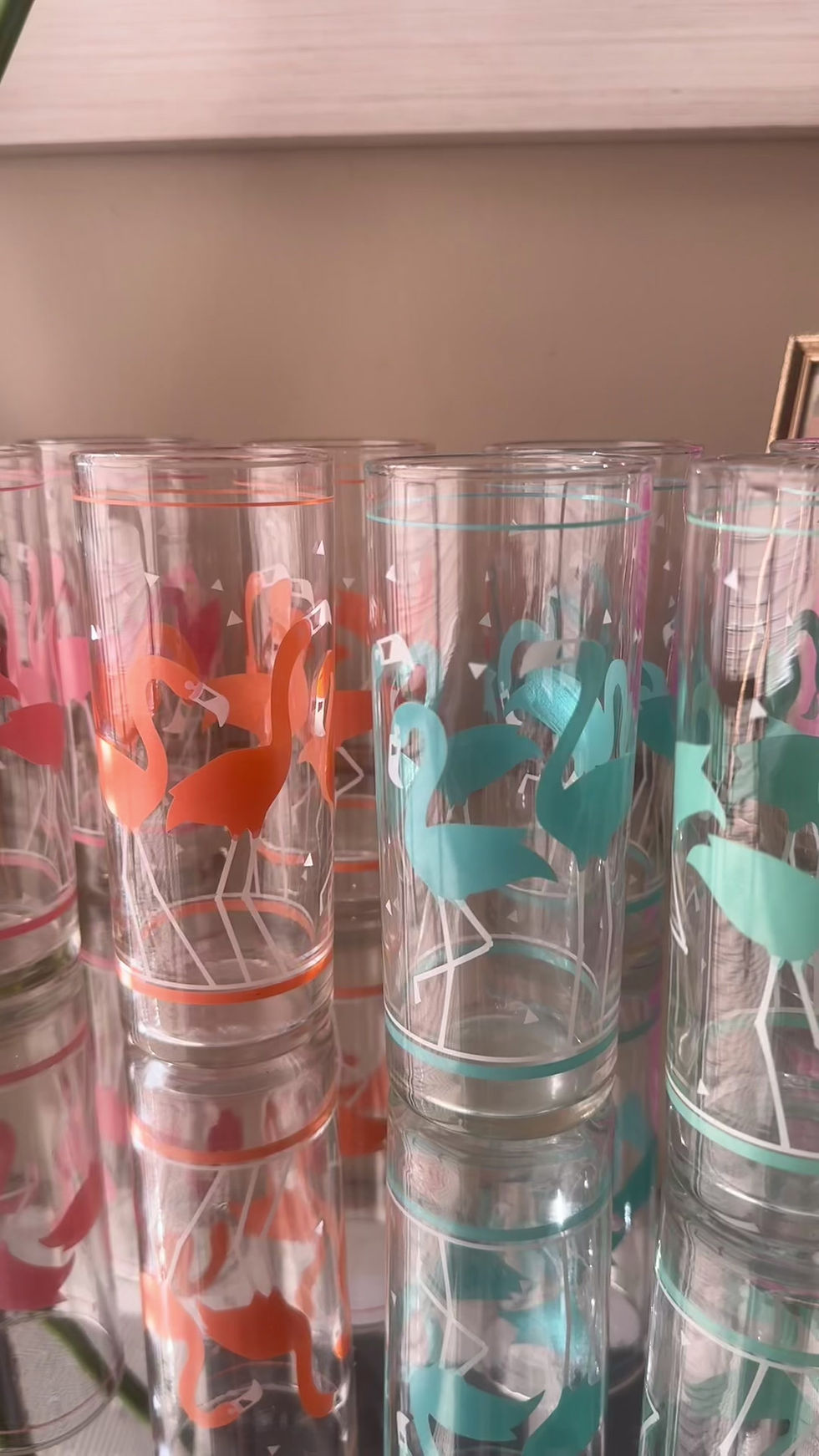 Thumbnail: Vintage 1960s Libbey Flamingo Highball Tumblers - MCM Tropical Drinkware Set (8)