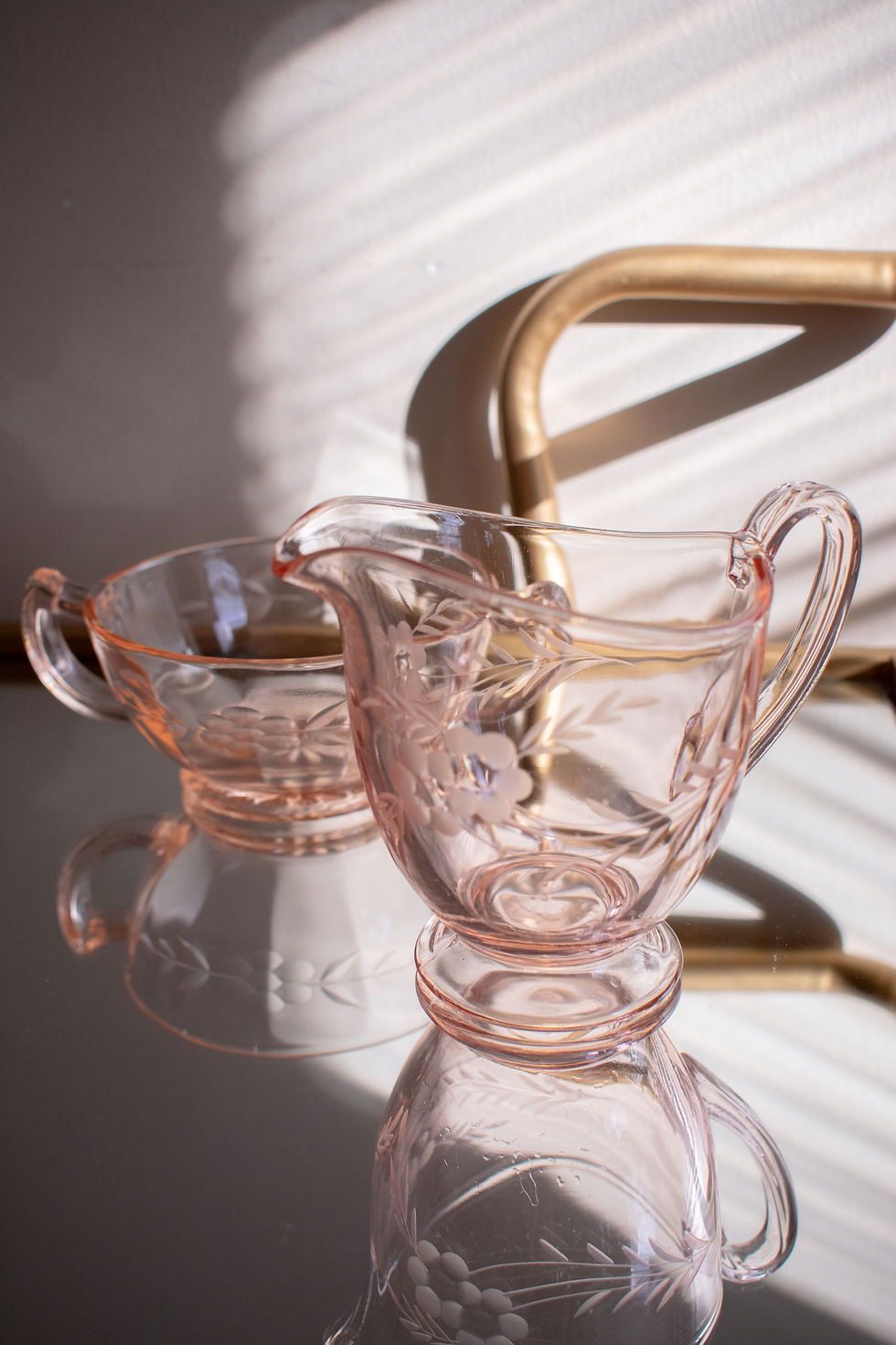 Thumbnail: Vintage Pink Great Depression Glass Etched Cream and Sugar Set