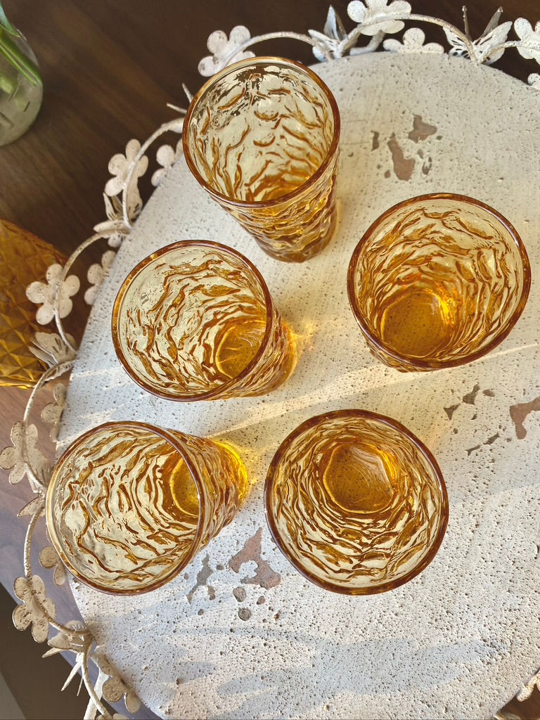 Thumbnail: Vintage Amber Crackle Glass Juice Glasses