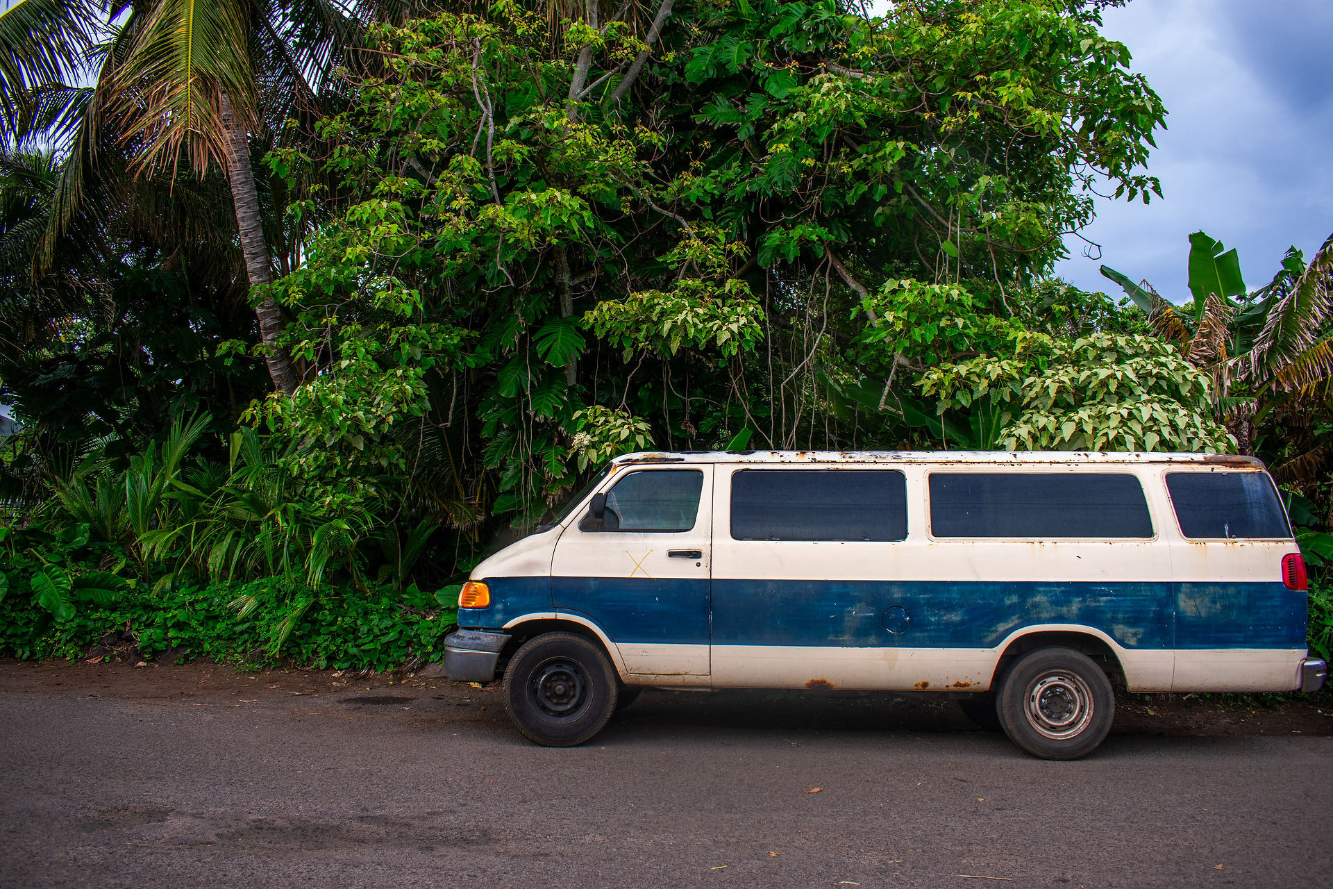 vintage blue and white van in maui hawaii on the road to hana in hana maui hawaii