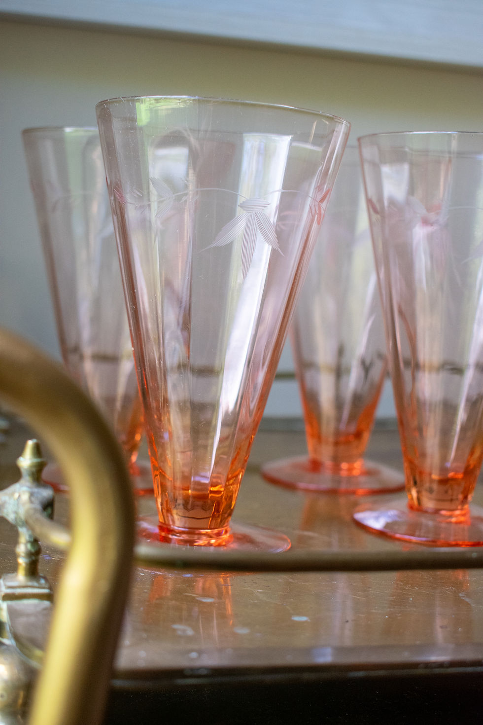 Thumbnail: Vintage Pink Great Depression Glass Tall Footed Tumbler Glasses