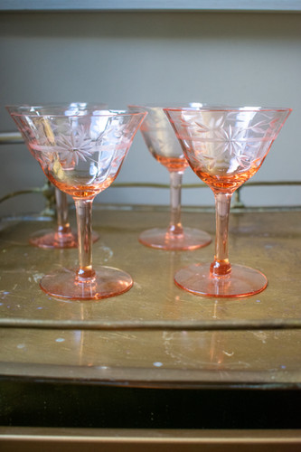Pink Tiffin Franciscan Glass Panel Optic Etched Champagne Coupe