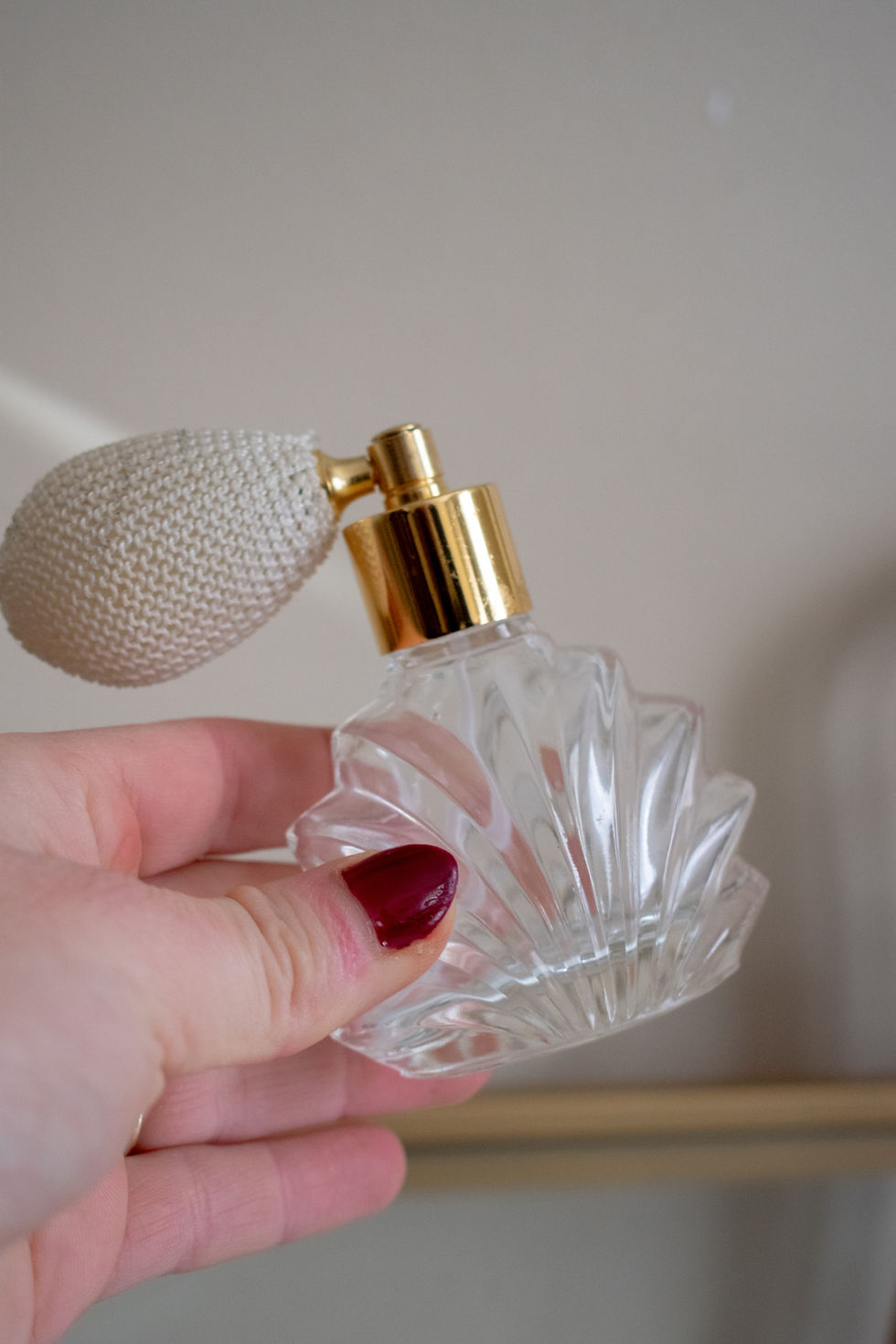 Thumbnail: Vintage Clear Glass and Gold Perfume Bottle with Atomizer
