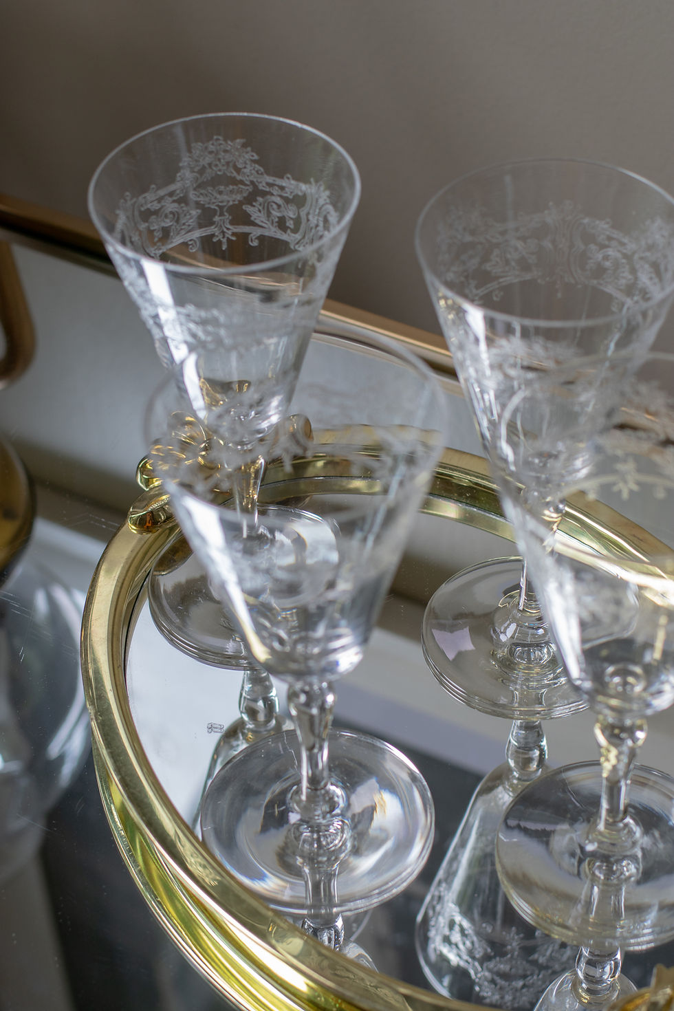 Thumbnail: Vintage Fostoria Romance Etched Glass Wine Glasses Set of Four